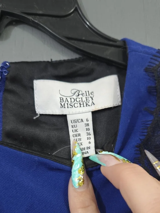 Badgley Mischka Royal Blue Sheath Dress with Black Lace Sides - Picture 2 of 3